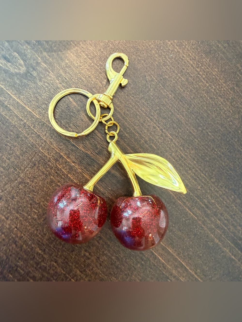 Gold tone Red Cherry Keychain Sparkling Red Cherries NEW bag charm for coach